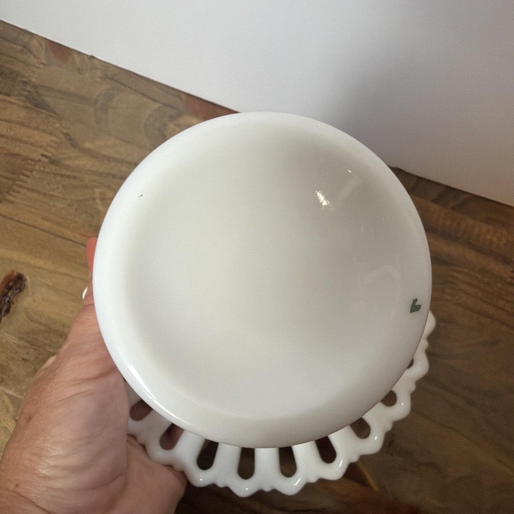 Vintage Milk Glass Pedestal Compote Vase Open Lace Rim Fluted Footed Bowl - Picture 4 of 8